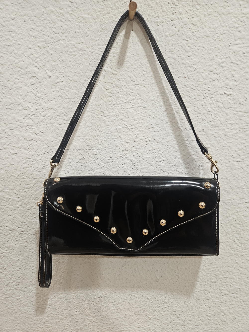 Vtg 90s Worthington Black Patent Leather Studded Envelope Purse